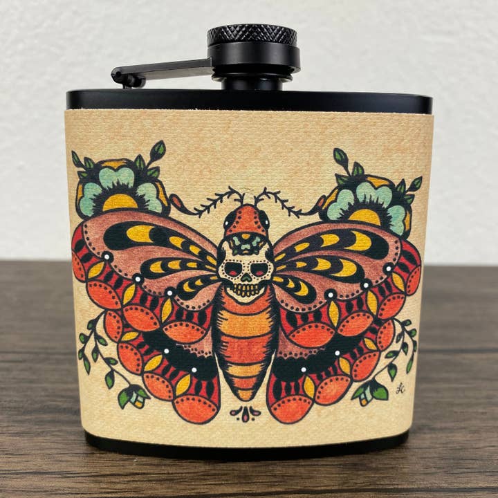 Death Moth Flachmann Traditionelle Tattoo-Kunst 6 Oz, Schwarz, Edelstahl mit Trichter für den Großhandel von Illustrated Ink