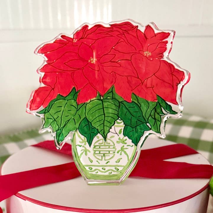 Acrylic Block Chinoiserie Christmas Poinsettia for wholesale by Lemondaisy Design