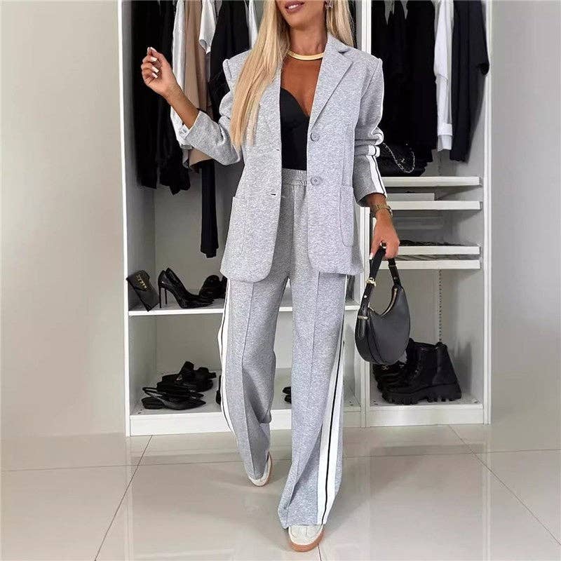 FurDecoration - Vendita all'ingrosso Completo - Donna - Completo casual con blazer a maniche lunghe e pantaloni a blocchi di colore6