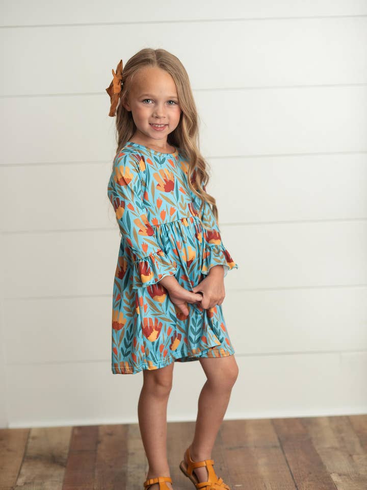 Kids Claire Mustard Teal Floral Print Fall Twirl Dress for wholesale by Adorable Sweetness