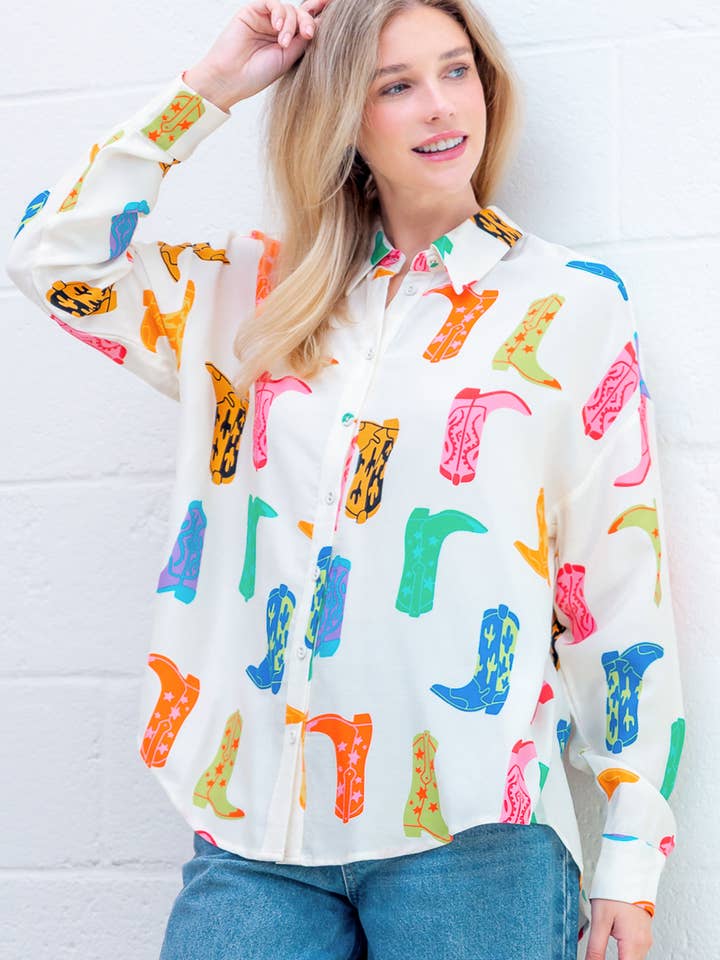 HT28863T-BOOTS PRINTED BUTTON UP LONG SLV TOP for wholesale by Taelynn