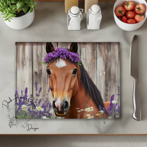 Bay Horse in Lilac Crown - Equine - Glass Cutting Board for wholesale by Dark Horse Dream Designs LLC