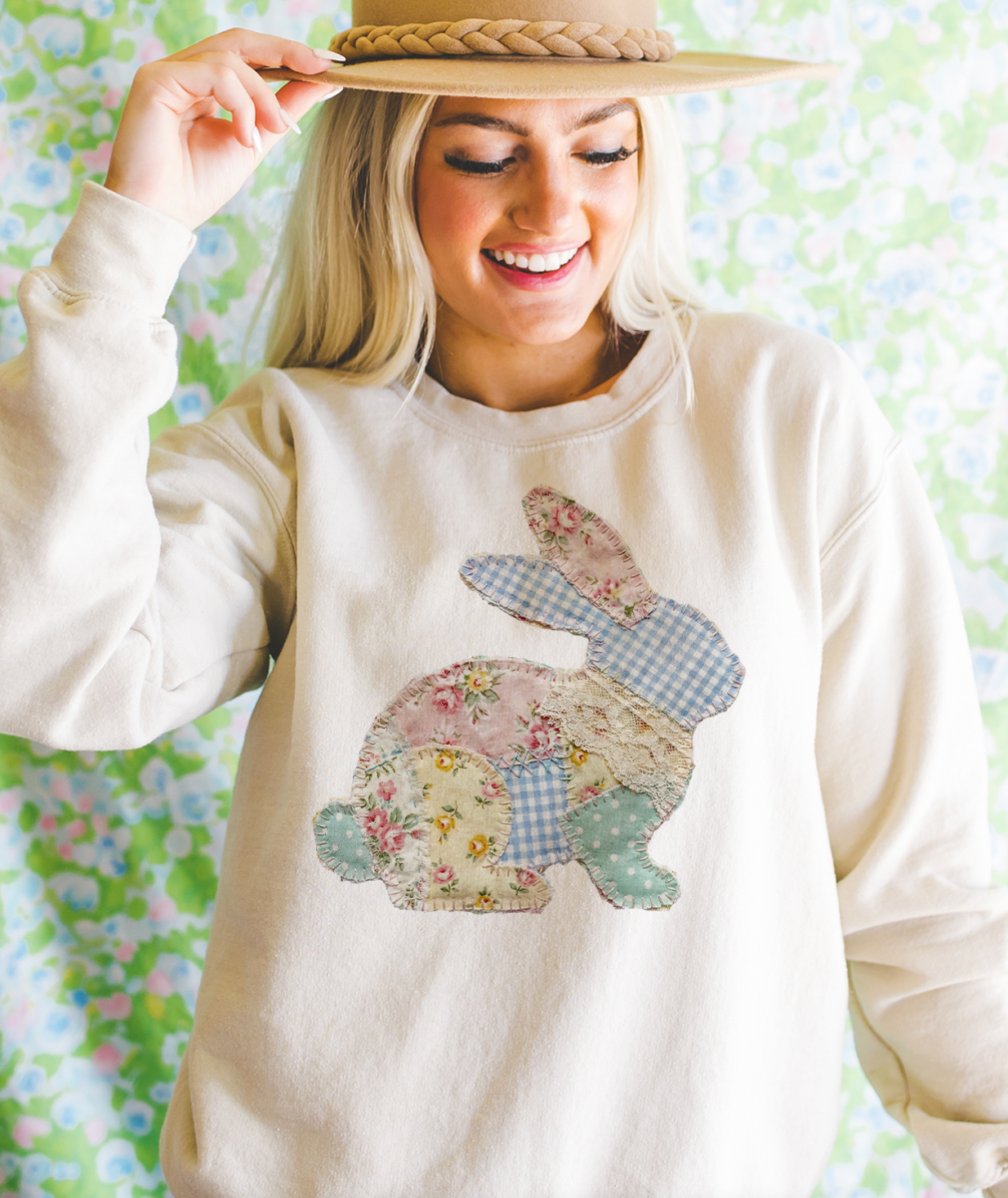 THE LATTIMORE CLAIM - Wholesale Graphic Sweatshirt - Women's - Patchwork Easter Bunny - Multiple Color Options3