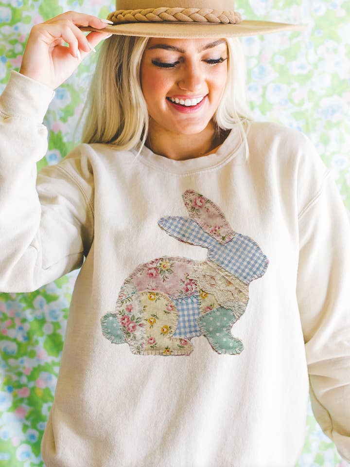 THE LATTIMORE CLAIM - Wholesale Graphic Sweatshirt - Women's - Patchwork Easter Bunny - Multiple Color Options3