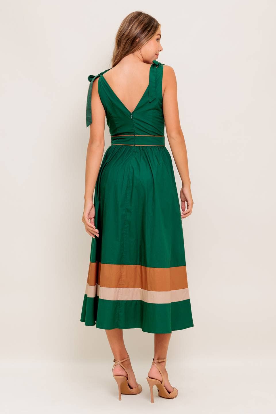 GREEN TAUPE A solid woven color blocked midi dress - ID22698 for wholesale on Faire3