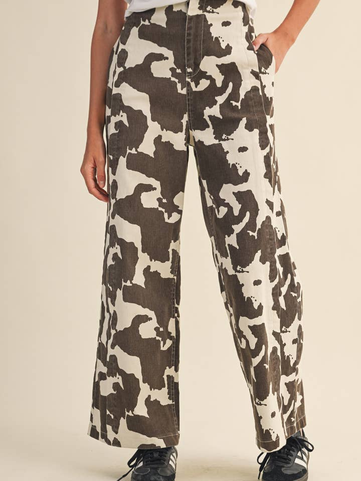 COW PRINT HIGH WAIST WIDE LEG PANTS MP4105 for wholesale on Faire2