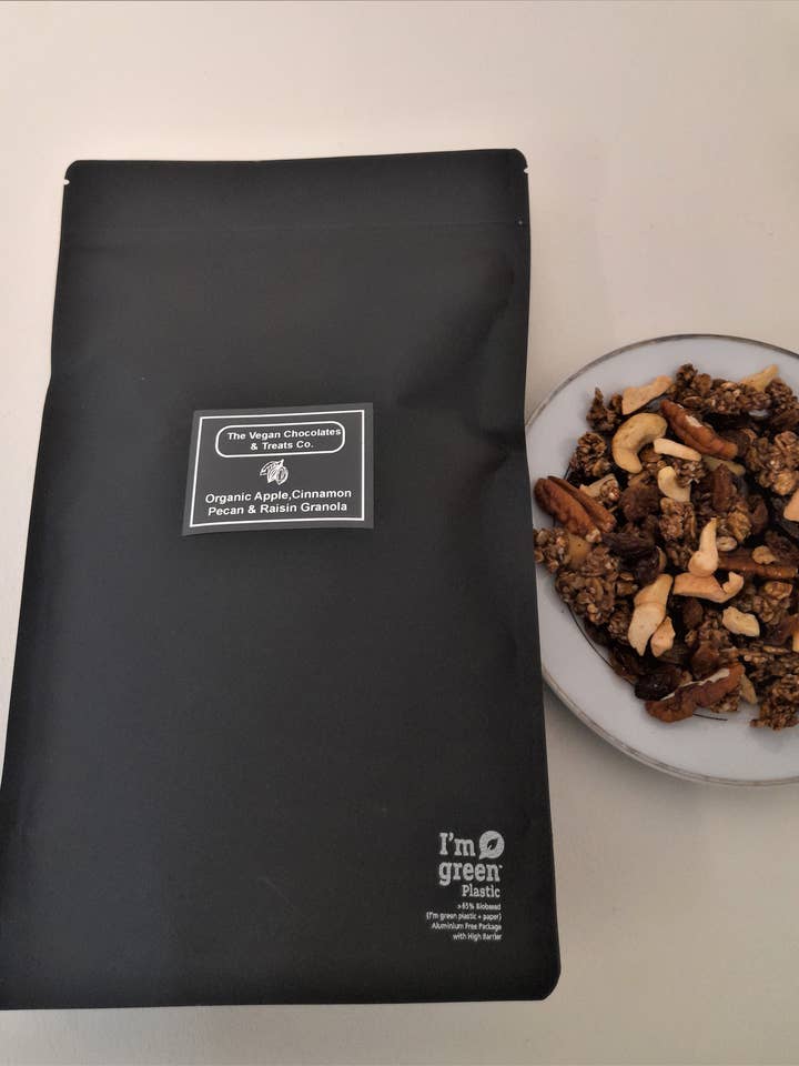 Luxury Vegan Organic Apple, Cinnamon, Pecan & Raisin Granola for wholesale by The Vegan Chocolates And Treats Co.