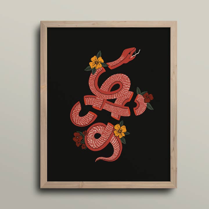 Impression d'art inspirée par le tatouage traditionnel de serpent et botanique pour la vente par Homeward Supply Co