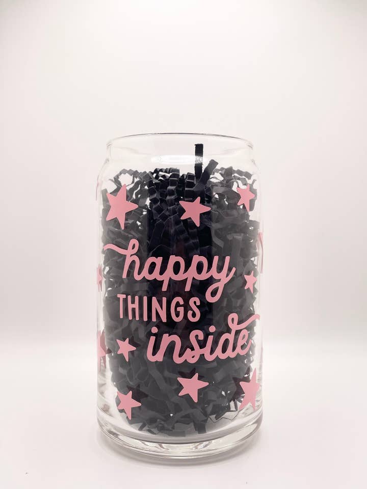 Pink Happy Things Inside Positivity Can Glass Cup for wholesale by Jeanne Mari & Co
