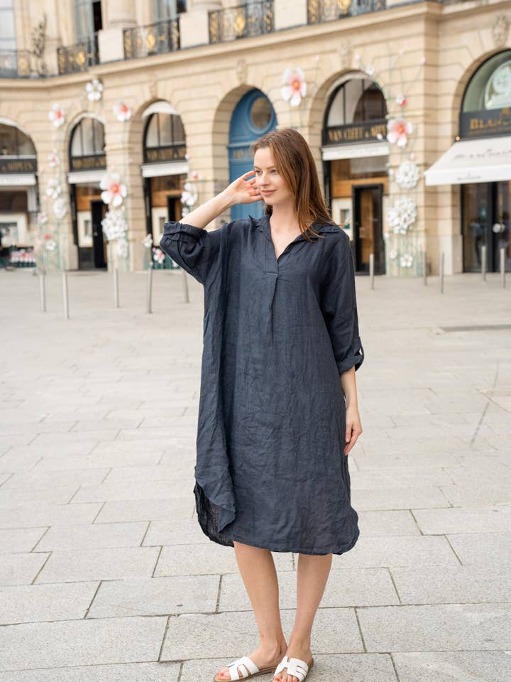 Oversized shirt collar linen dress for wholesale by Happy look