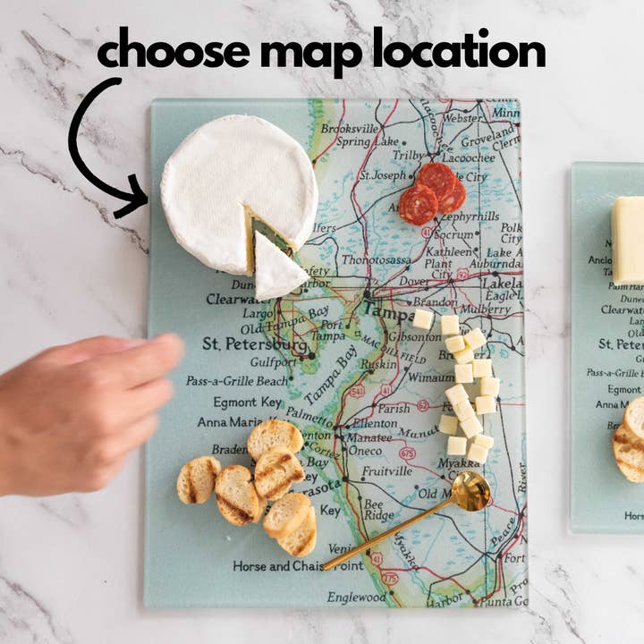 Custom Map Glass Cutting Board Personalized Charcuterie for wholesale by Daisy Mae Designs
