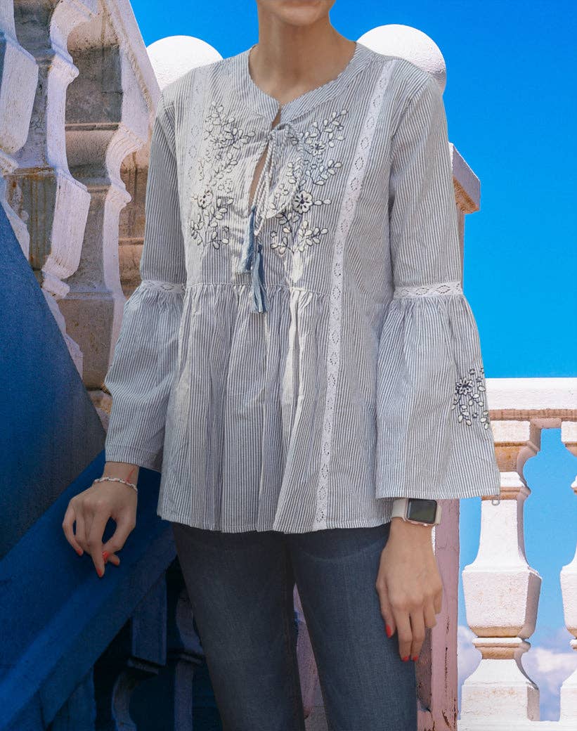 Stylish Shirley & ESJAYMENSWEAR - Wholesale Blouse - Women's - Ladies light weight, Pinstripe Embroidered Lace Peasant top. Style#6037/262-navy/white1