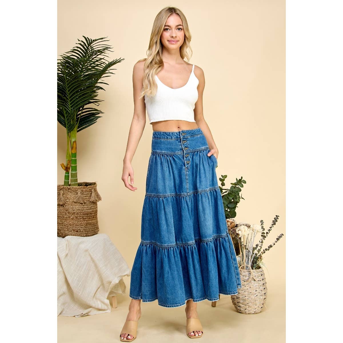 Med Wash Front Button 3 tiered Denim Skirt for wholesale on Faire3