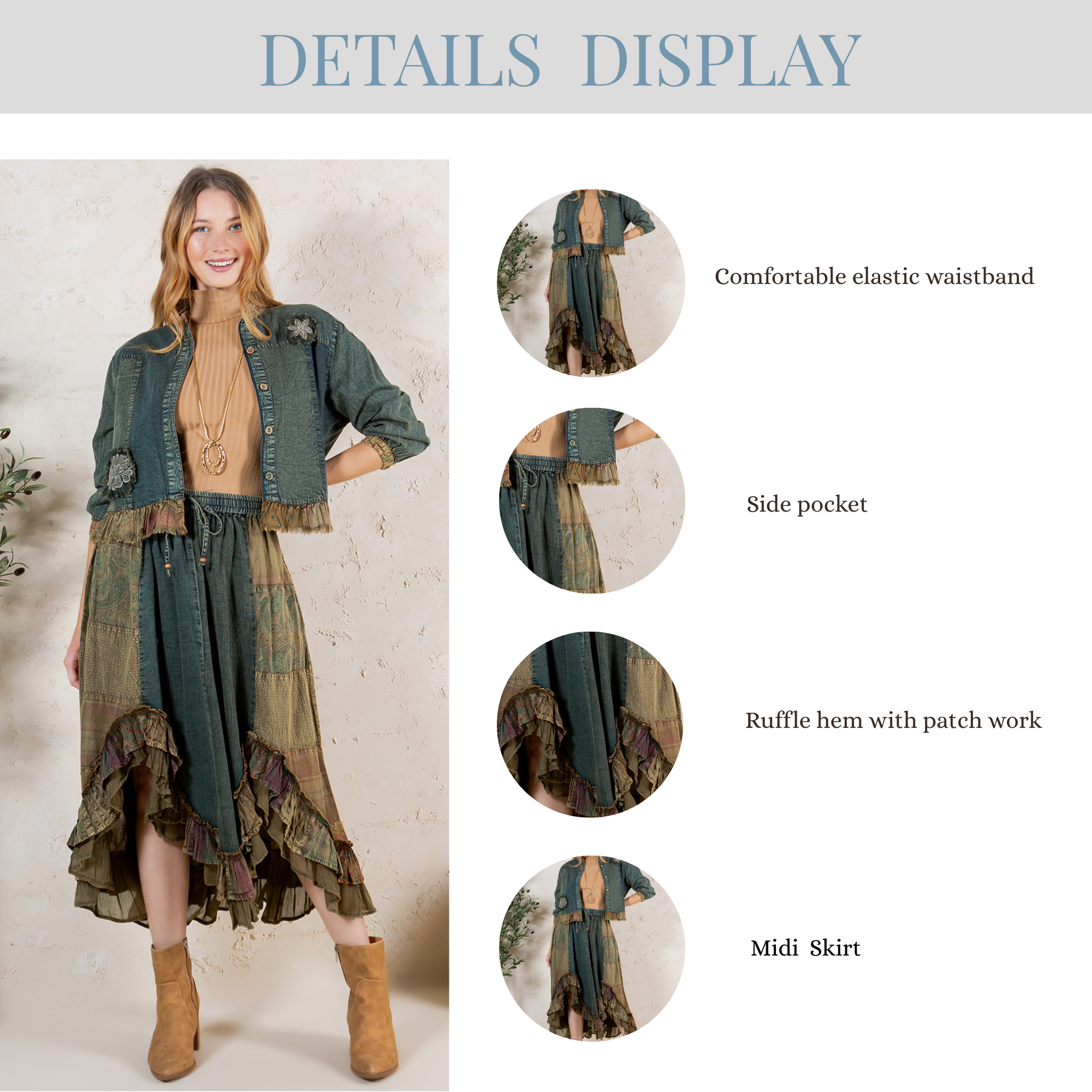 Young Threads - Wholesale Skirt - Women's - Western Boho Chic: Patchwork Midi Skirt 15