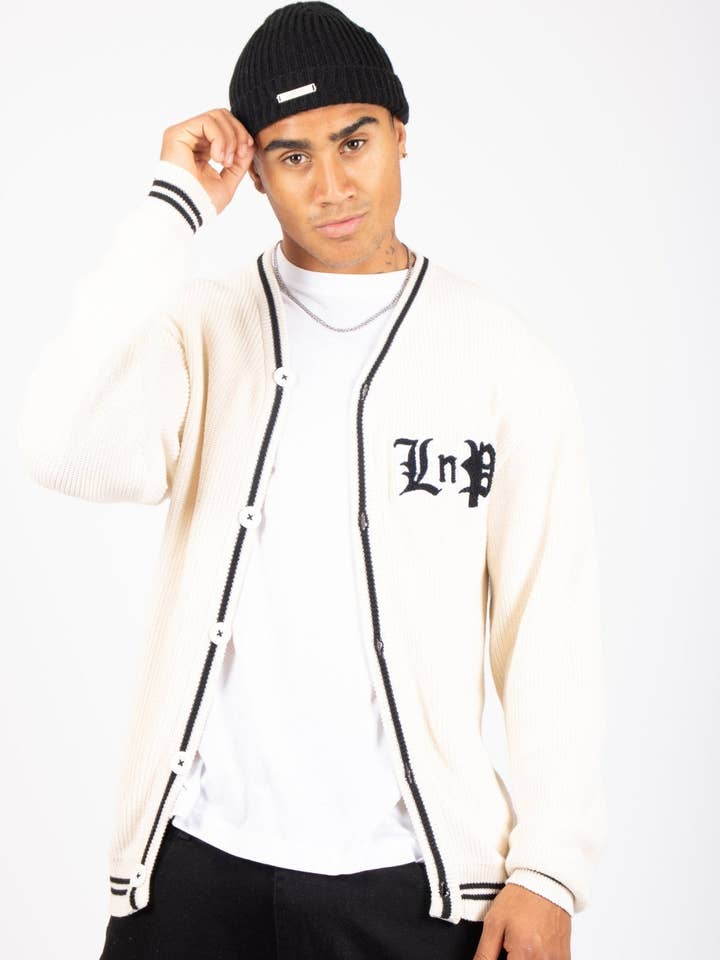 Varsity Knitted Cardigan In Off White for wholesale by LIQUOR N POKER