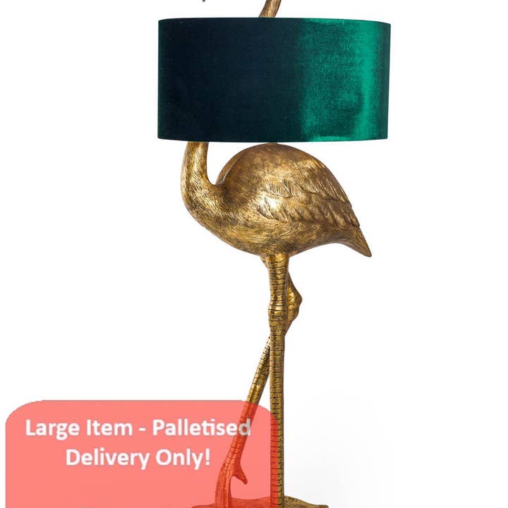 McGowan & Rutherford Ltd – wholesale Floor lamp – Antique Gold Flamingo Floor Lamp With Green Velvet Shade0