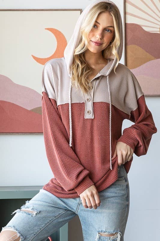 Sunday Morning – Großhandel Hoodie – Damen – T4577HE10-SOLIDE URBANE GERIPPTE KONTRAST-KAPUZENPULLOVER4