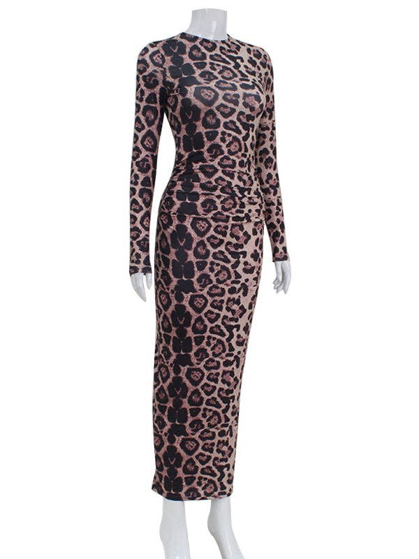 Bodycon Long Sleeves Leopard Printed Round-Neck Maxi Dresses for wholesale on Faire5