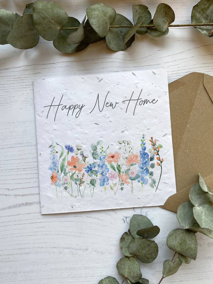 Seed Paper New Home Card - Peach and Blue Flowers for wholesale by PoppyForrest