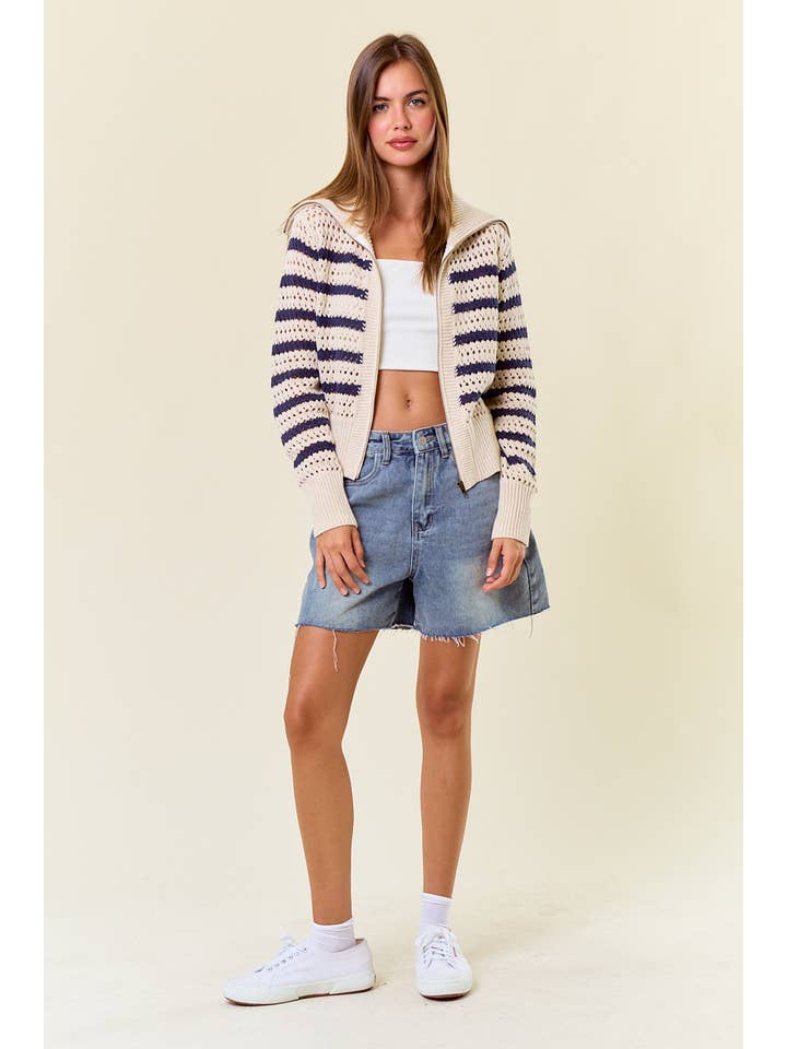 HAFER Gestreifte Pointelle-Pulloverjacke mit Reißverschluss und offener Strickjacke - 10615J-1 für den Großhandel auf Faire5