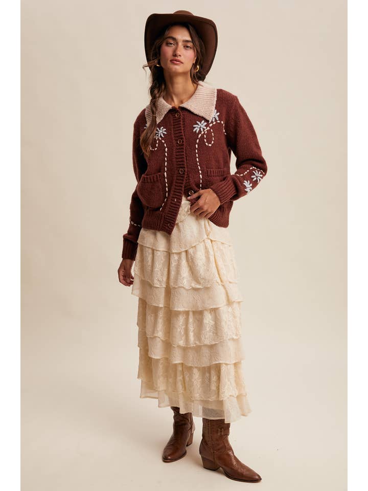 Listicle - Wholesale Cardigan - Women's - Embroidered Collar Knit Cardigan LSW101419