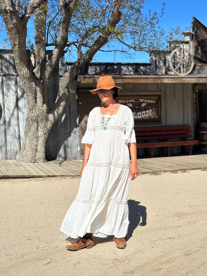 Louise Maxi Dress Short Sleeves With Lace and Natural for wholesale by Blue Boheme