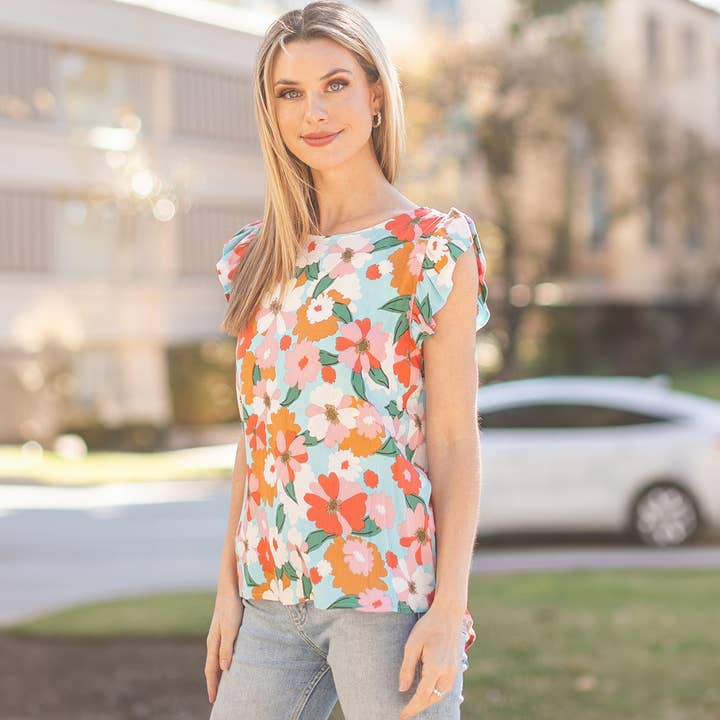 Blomstret ærmeløs top med flæsede ærmer for engroshandel hos Les Amis