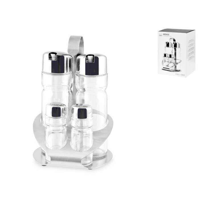Sæt med olie- og saltflasker i glas med stativ i rustfrit stål for engroshandel hos H&H