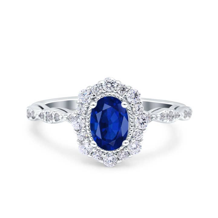 Anello di fidanzamento Art Deco Halo ovale con zaffiro blu simulato CZ per la vendita all'ingrosso da parte di Blue Apple Imports