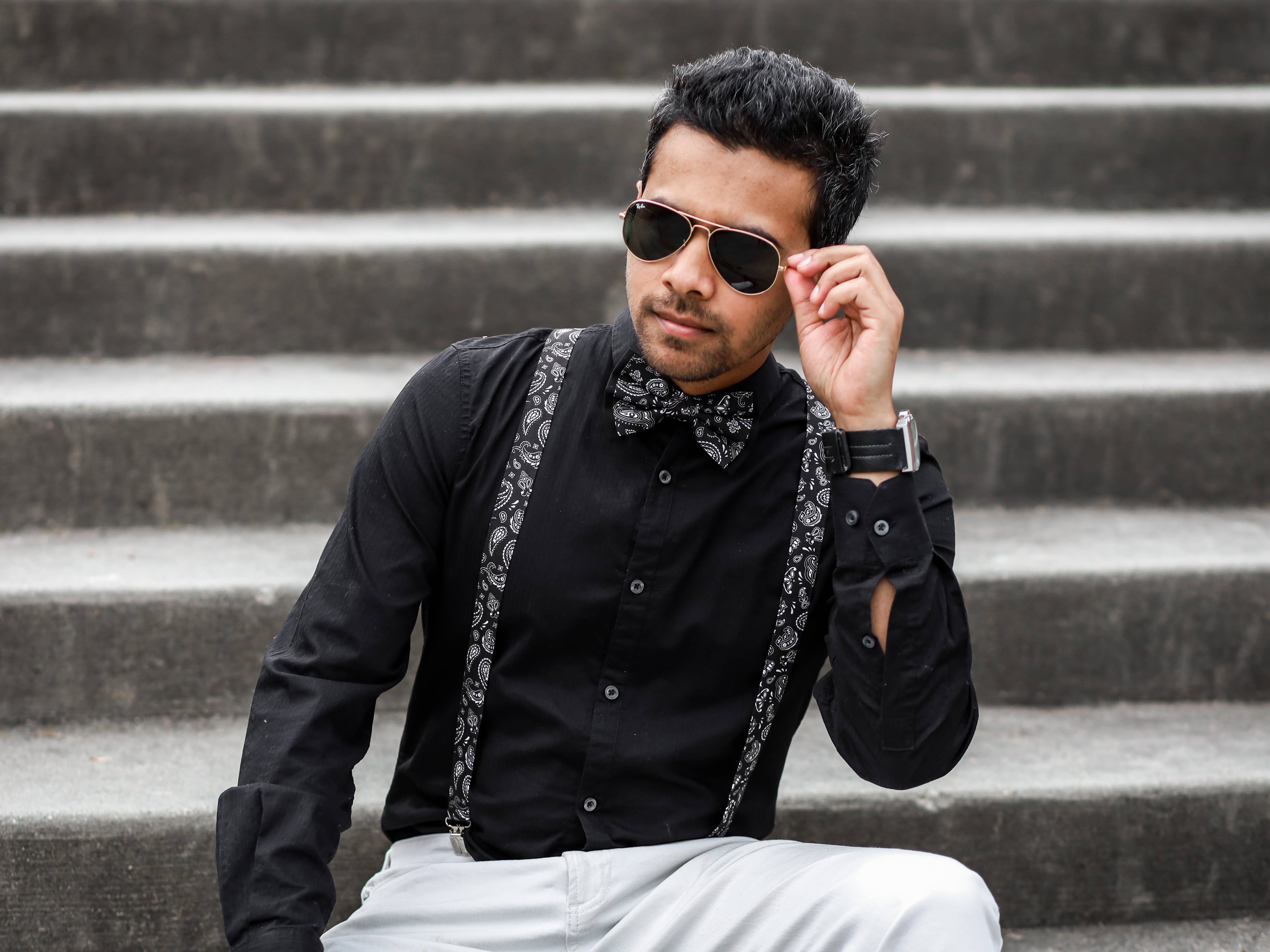 Dapper Xpressions - Venta al por mayor Tirantes - Unisex - Bandana negra con tirantes ajustados y pajarita, hecha a mano, formal, en forma de W