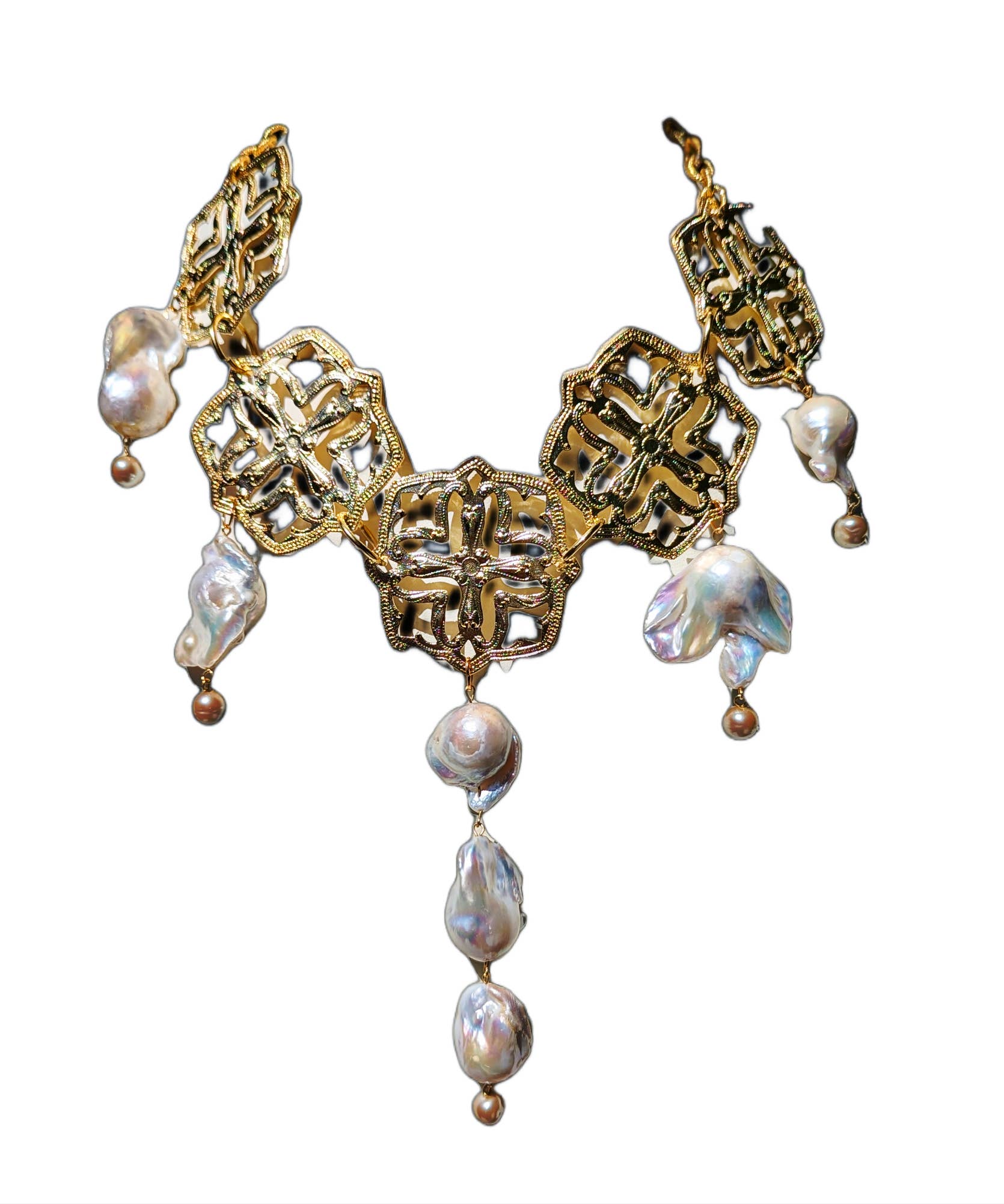 Gay Isber Designs - Wholesale Bib Necklace - One-of-a-Kind Asian-Themed 24K Gold-Plated Necklace with Giant Baroque Pearls - Designed by Award-Winning Artist Sugar Gay Isber