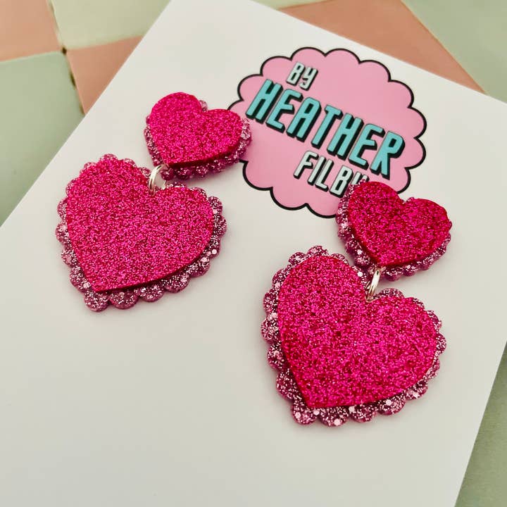 By Heather Filby - Wholesale Dangle Earrings - Frilly Double Heart Glitter Resin Earrings (More Colours)2