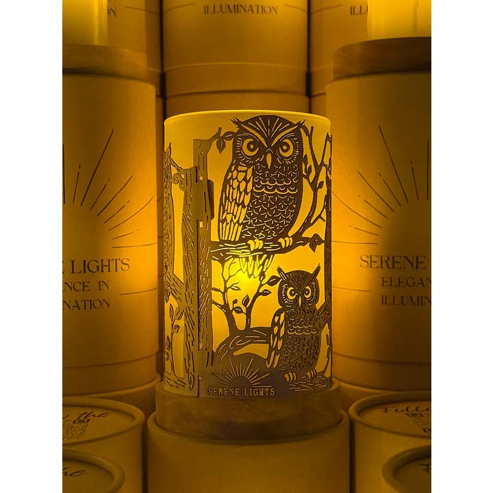 Serene Lights – wholesale Candle holder – Forest Friends Owl Decorative Candle Holder – Laser Etched, Handmade Wood Veneer, Rechargeable LED Candle1