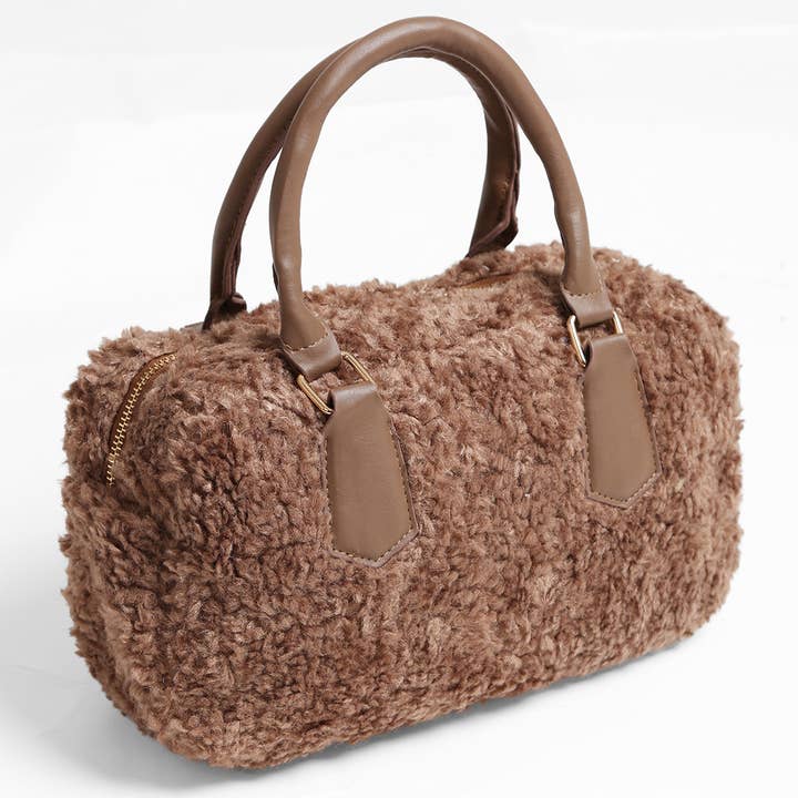 Brown Sherpa Mini Tote Handbag with Zipper Closure for wholesale on Faire2