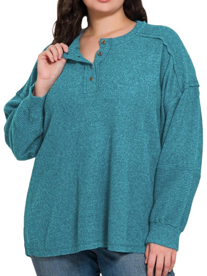 Plus Ribbed Brushed Hacci Melange Henley Sweater for wholesale by Vanilla Monkey
