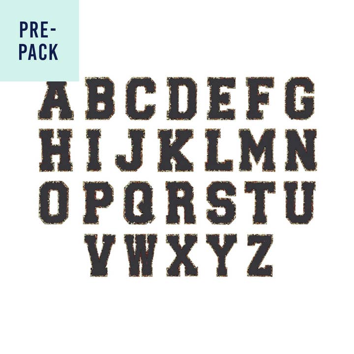 Black Alphabet Varsity Letter Patches Pre-Pack for wholesale by Viv&Lou
