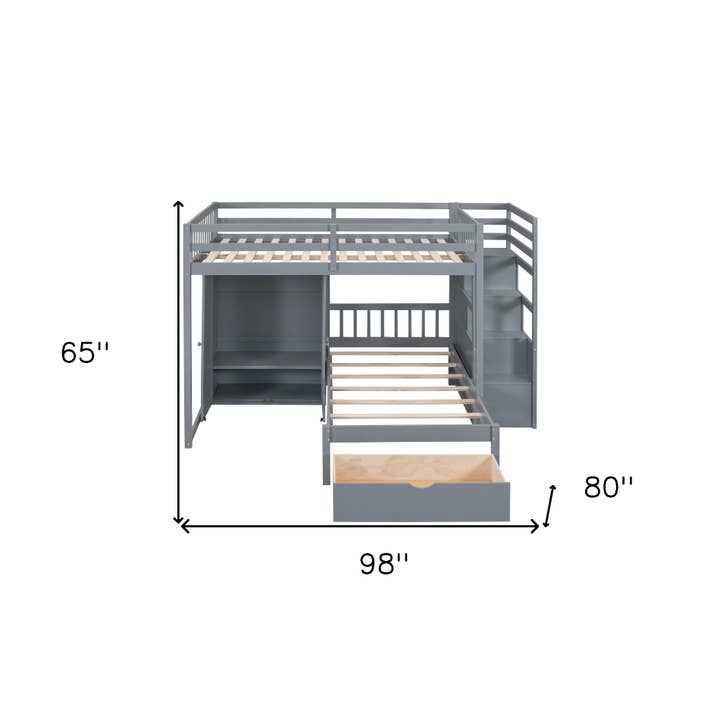 HomeRoots – wholesale Bed – Gray Full Over Twin Wood Bunk Bed With Stairs And Drawers And Storage2