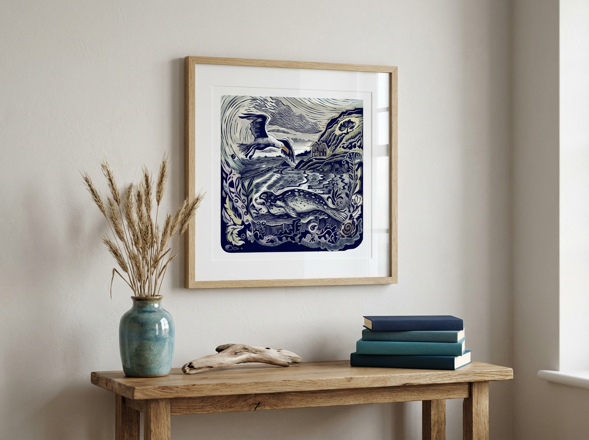 Jamie Poole – wholesale Art print – Among Corals and Shells (Seal) Limited Lino Print4