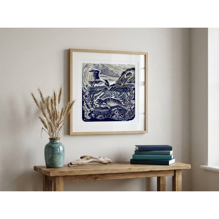 Jamie Poole – wholesale Art print – Among Corals and Shells (Seal) Limited Lino Print4
