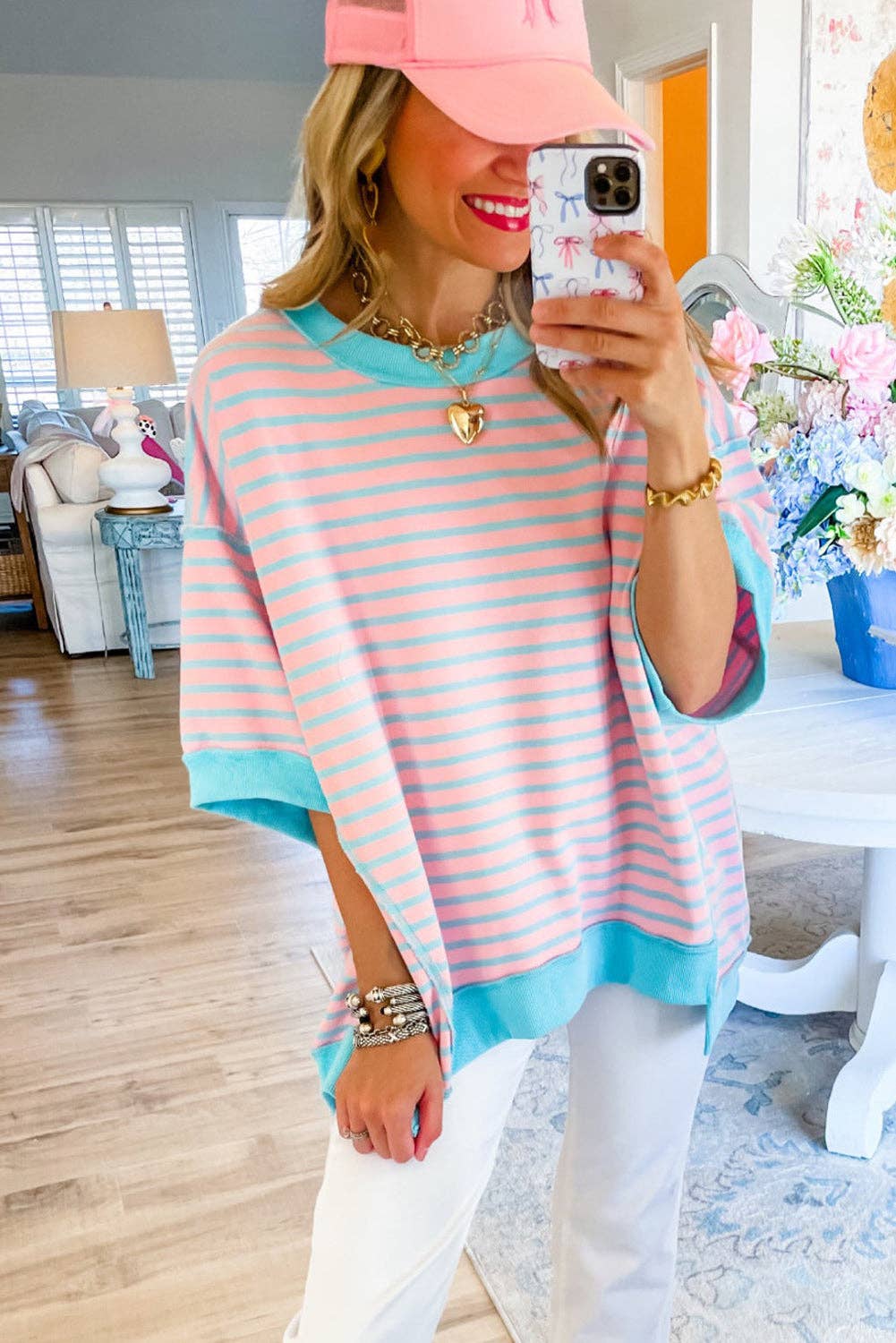 Pink Stripe Colorblock Drop Sleeve Loose Top for wholesale on Faire1
