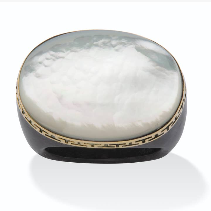 Oval Mother-Of-Pearl Black Jade Greek Key Ring 14k Gold for wholesale by PalmBeach Jewelry