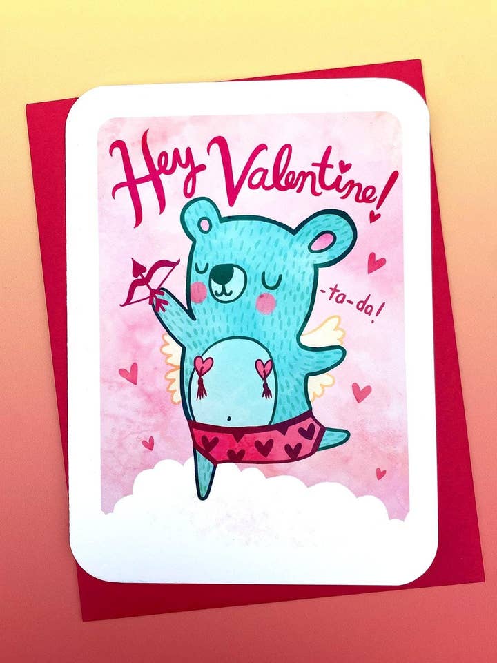 Hé Valentin - Carte de Saint-Valentin drôle avec un ours Cupidon pour couples pour la vente par My Zoetrope