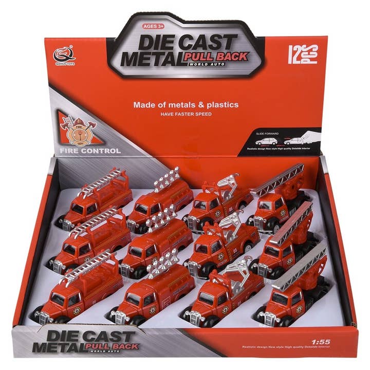 La Luna Bella - Toys - Wholesale Classic Toy - Kids - 3" Die Cast Pull Back Classic Fire Engine 12ct- LLB Toys