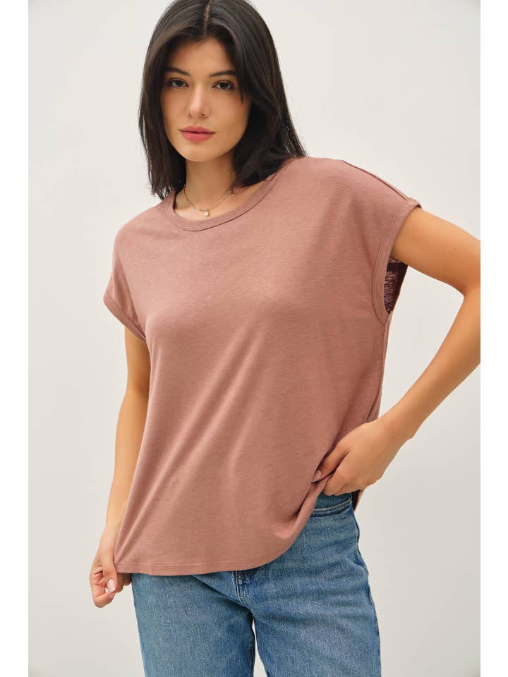 Be Cool - Wholesale T-Shirt - Women's - LINEN BLENDED BASIC CAP SLEEVE BOXY TEE