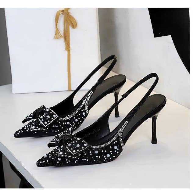 JP94 Sequin Beaded Bow Slingback Pointed Toe Heels for wholesale by JanL Ladies Shop