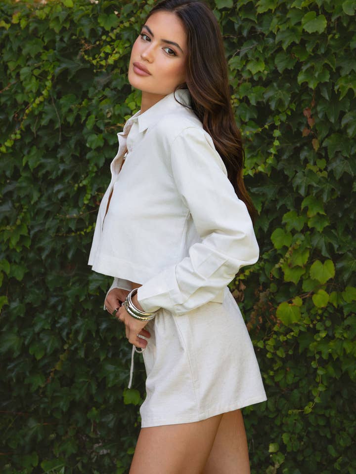 Beige ROWAN Drawstring Linen Low Rise Drawstring Shorts for wholesale on Faire3