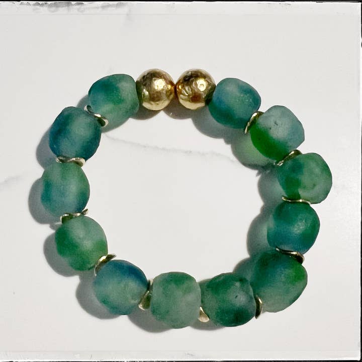GentrybyJenna - Wholesale Beaded Bracelet - Recycled Glass & Brass Bead Stretch Bracelet- Blue Green0