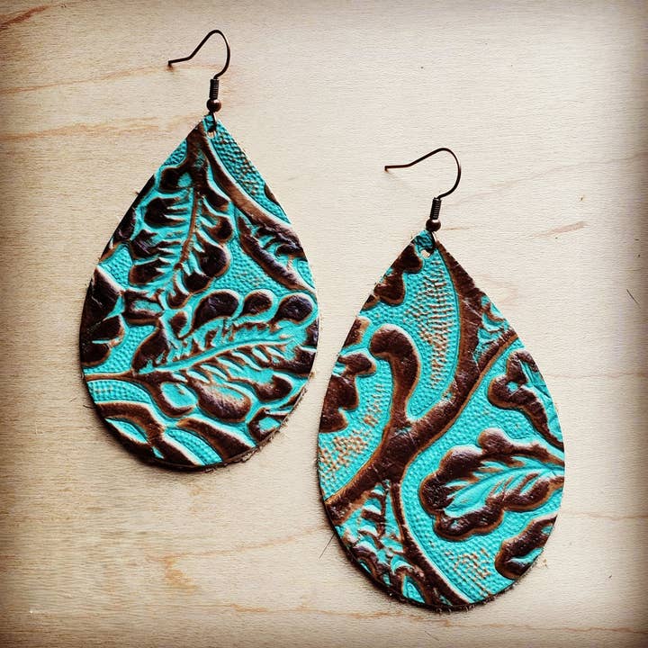 **Leather Teardrop Earrings in Cowboy Turquoise 203b for wholesale by The Jewelry Junkie