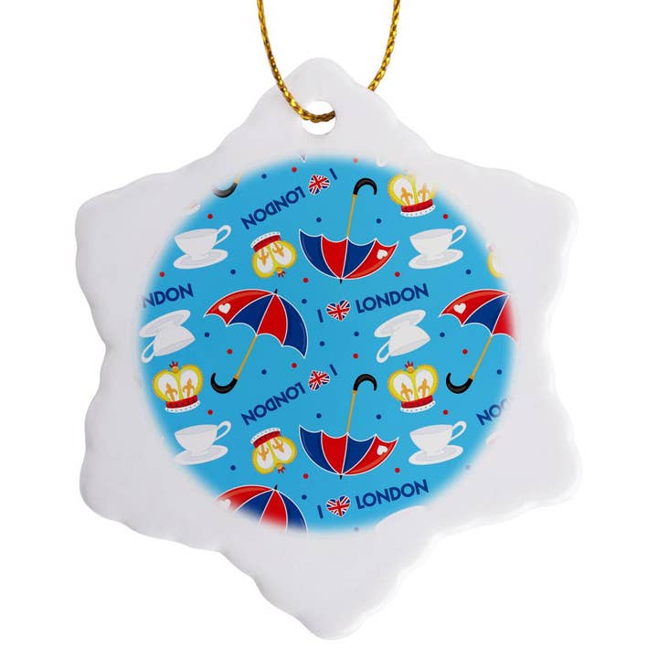 3dRose - Wholesale Ornament - 3dRose, Cute London Pattern with Hearts, Umbrellas, Tea, and Crowns, Ornament