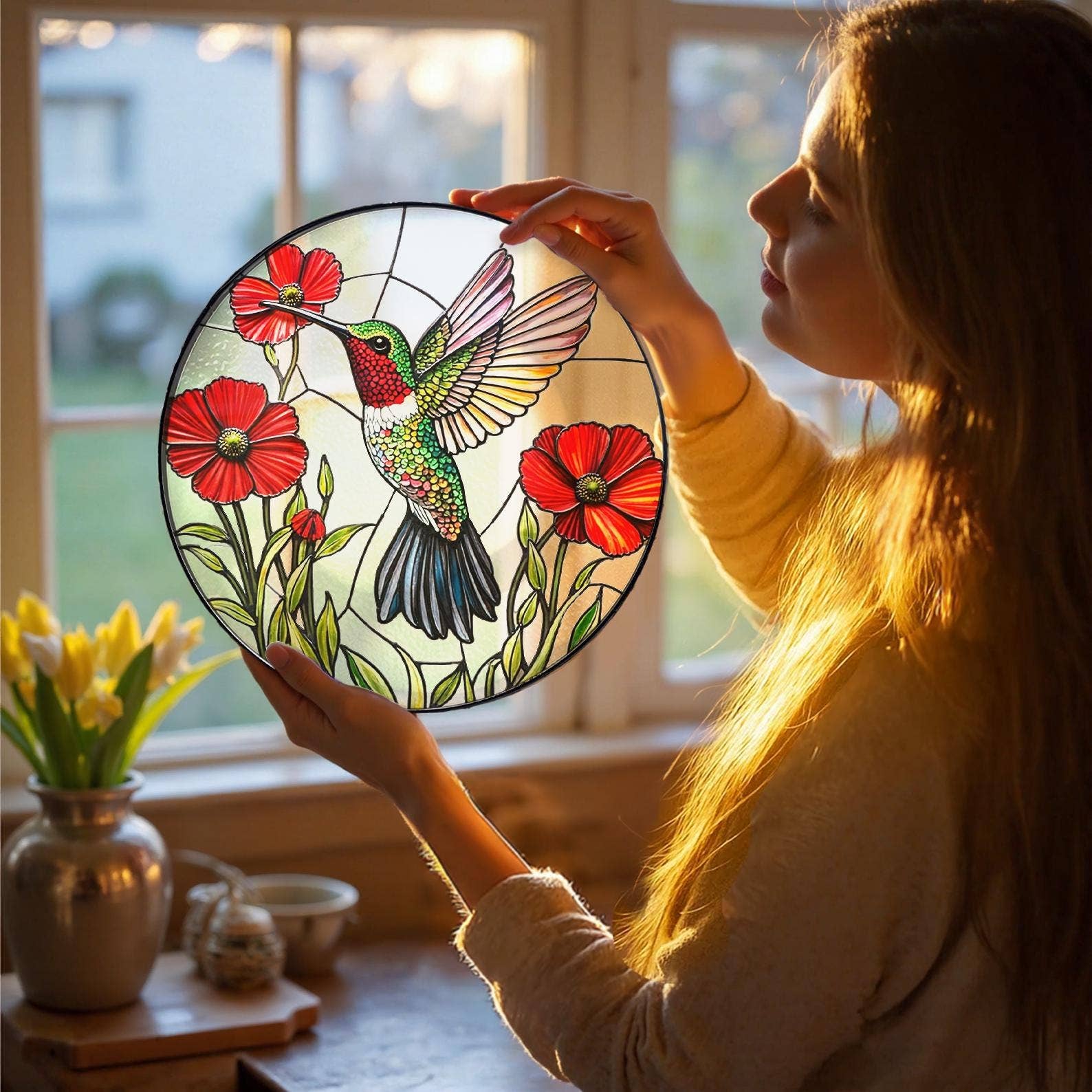 TMLECOM LTD - Wholesale Suncatcher - Hummingbird Stained Glass Suncatcher, Bird and Poppy Decor2